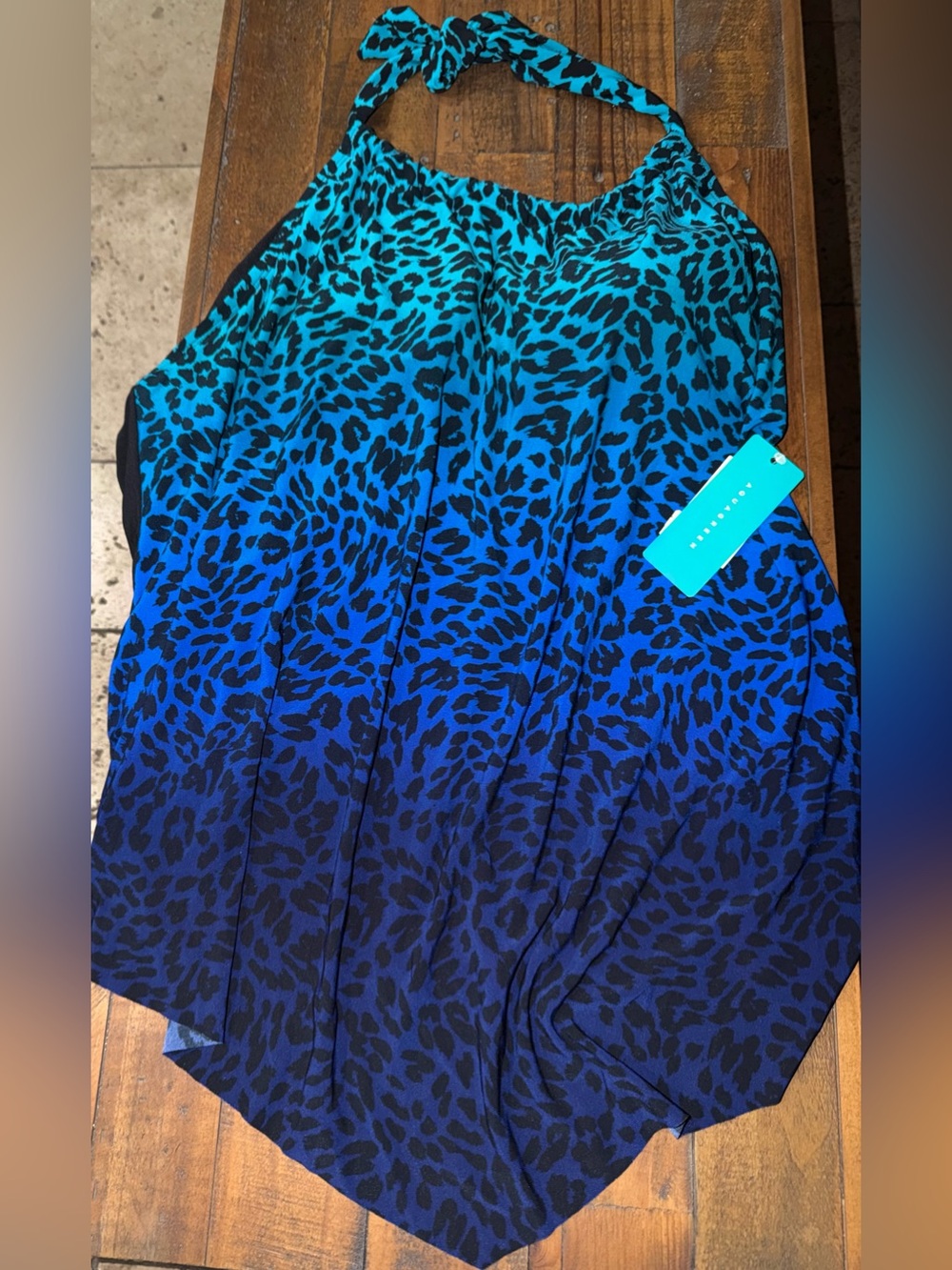 Target Women's Teal to Blue Ombre Halter Swim Cover-Up with Black Leopard Print